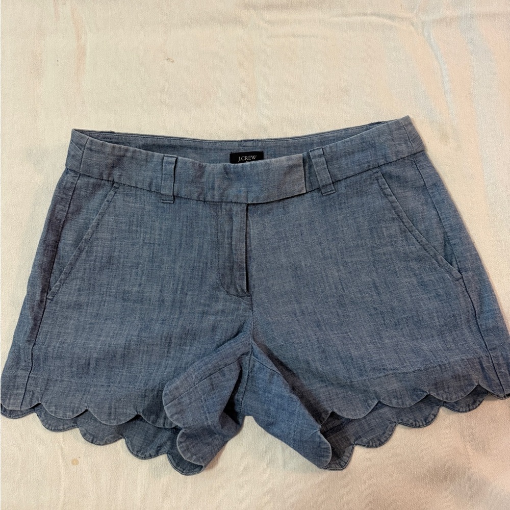 J. Crew Chambray Scalloped Hem Shorts in Light Blue